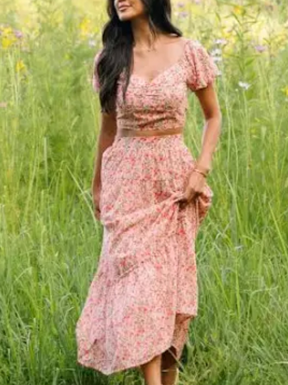 Pink Lily Floral Pink Puff-Sleeve Two-Piece Midi Set